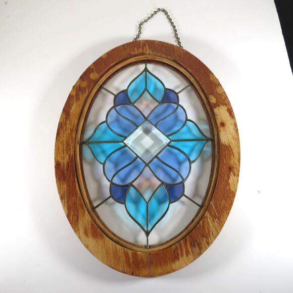 Stained Glass Window Wall Decor Geometric Design Blue Crystal Beveled  14"x10" - Picture 16 of 16